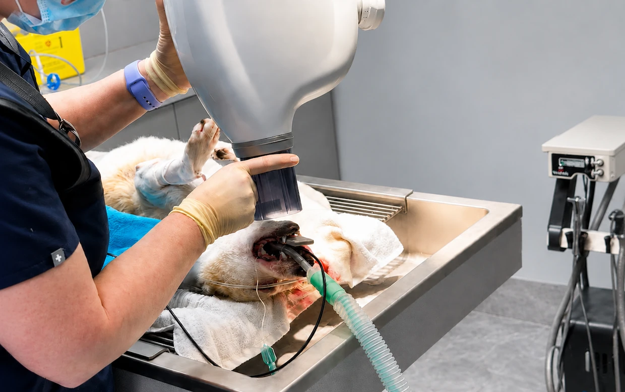 Veterinary surgeon administers anesthesia to a dog on an operating table using a breathing mask and tube system.