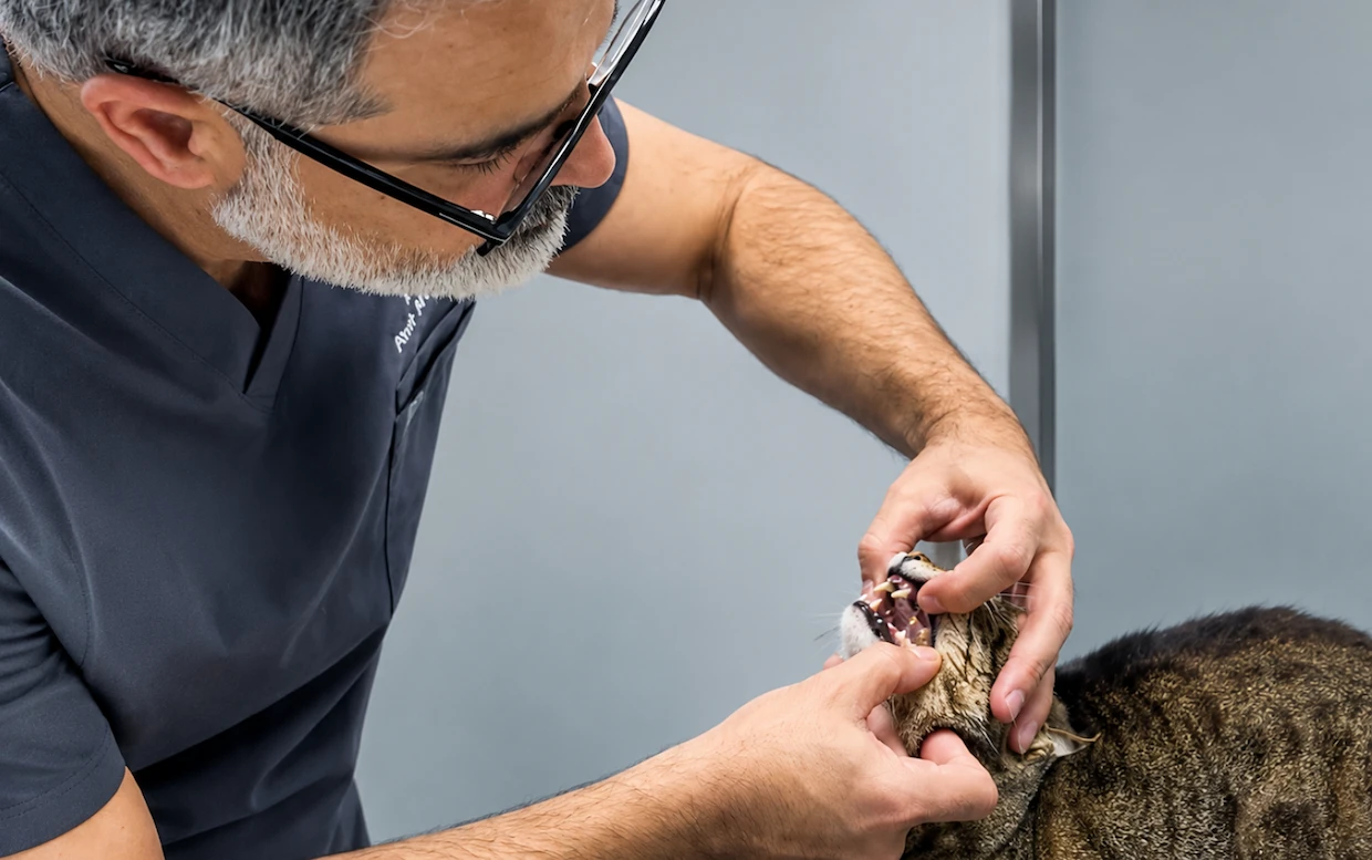 Veterinarian gently opens a cat's mouth to inspect its teeth and gums.