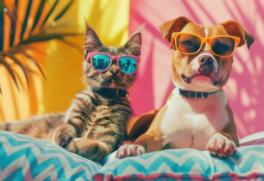 Cat and dog in sunglasses on sofa at living room. Selective focus. 