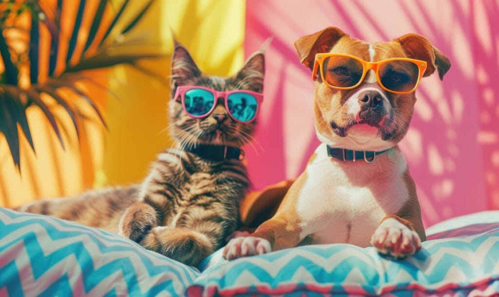 Cat and dog in sunglasses on sofa at living room. Selective focus. York Veterinary Hospital Cat and dog in sunglasses on sofa at living room. Selective focus. Cat and dog in sunglasses