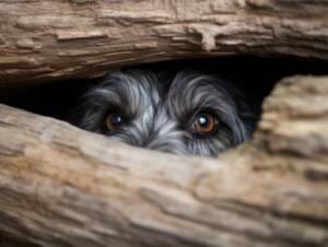 mischievous dog peeking out