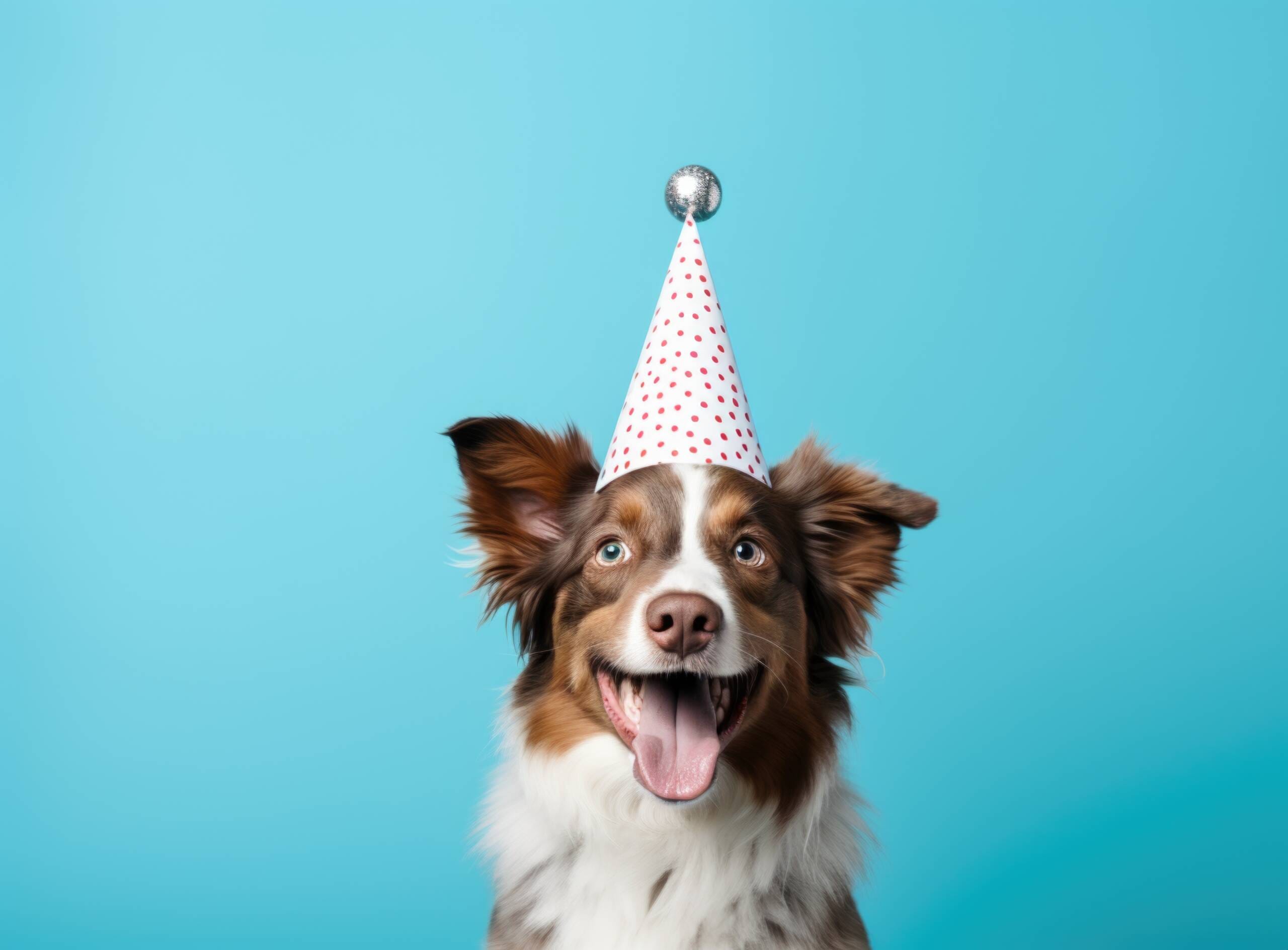 Happy cute dog wearing a party hat celebrating at a birthday party surrounding by falling confetti York Veterinary Hospital Happy cute dog wearing a party hat celebrating at a birthday party surrounding by falling confetti National Dog Day