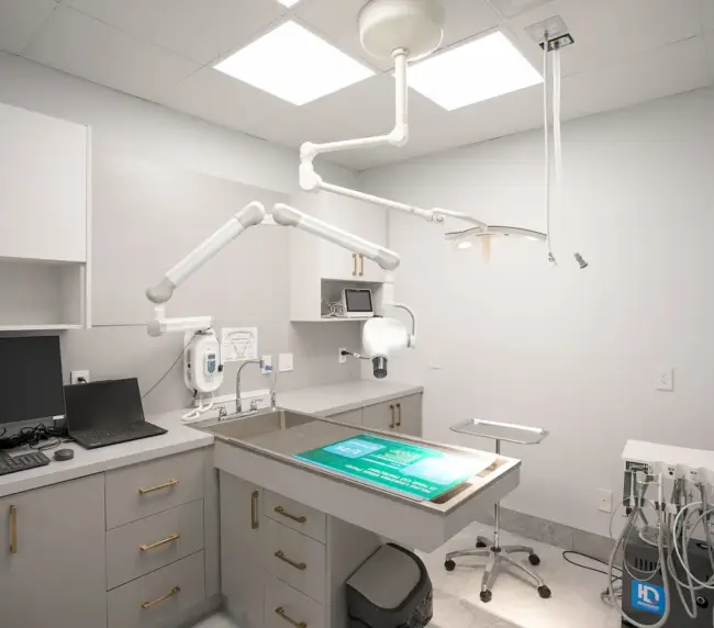 Modern dental treatment room with an adjustable patient chair, overhead ceiling-mounted light, and organized counters ready for procedures.