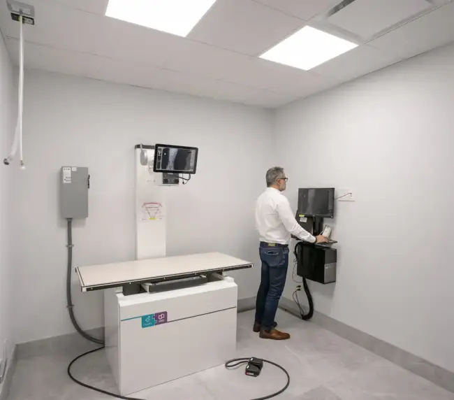 Radiology control room: technician at a wall-mounted console beside an X-ray table and equipment.