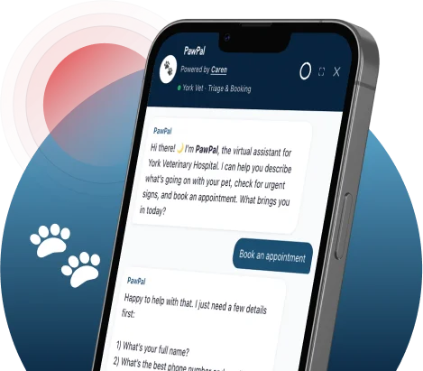 paw-hero paw-hero Smartphone screen shows PawPal chat with a veterinary assistant offering to book an appointment, set against a blue circular backdrop with white paw prints.