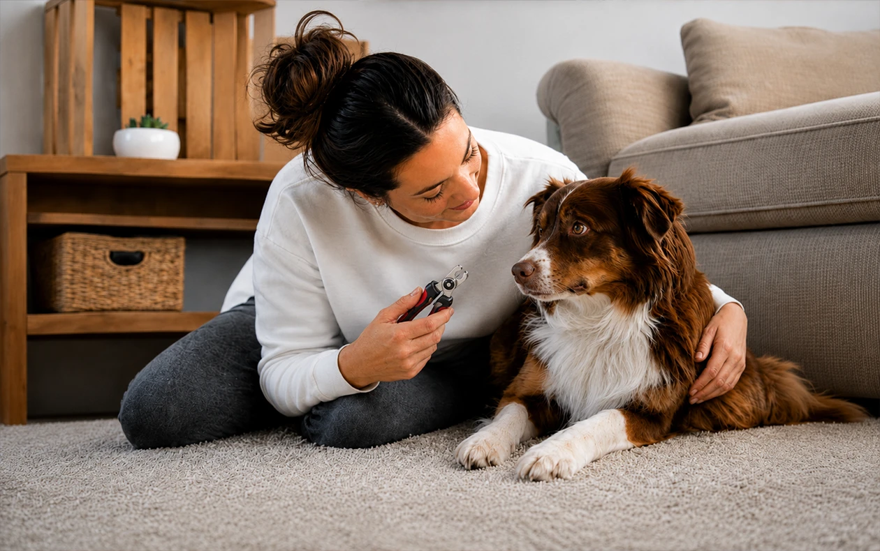 Trim-Dogs-Nails-at-Home-1 York Veterinary Hospital Trim-Dogs-Nails-at-Home-1 Woman trimming her dog's nails at home while the dog sits on a carpeted floor.