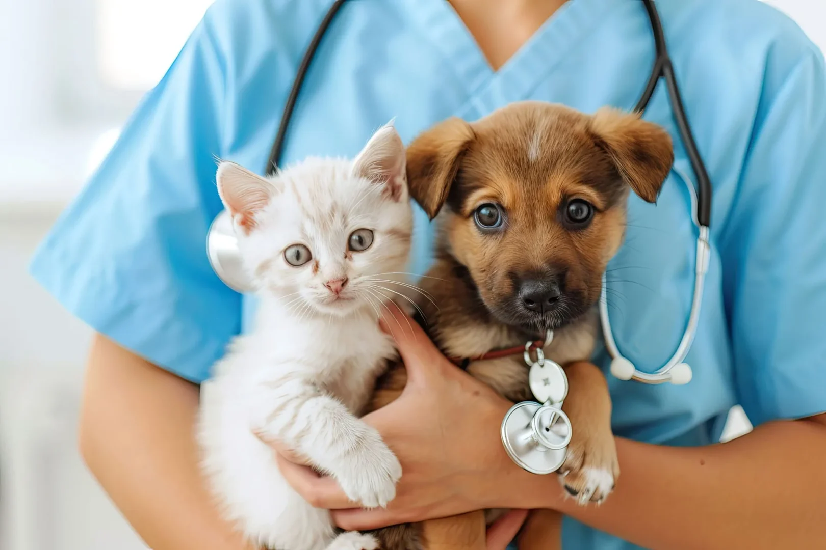 banner1 York Veterinary Hospital banner1 Vet in blue scrubs holds a white kitten and a brown puppy with stethoscope nearby, in a calm veterinary setting.