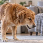 dog-kennel-cough-bordetella Golden retriever indoors on a carpet, head lowered as a person sits on a sofa in the background.