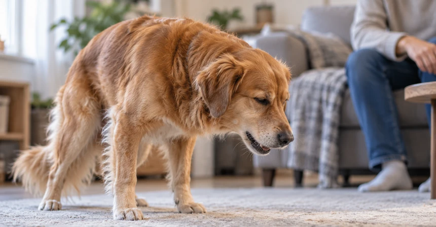 dog-kennel-cough-bordetella Golden retriever indoors on a carpet, head lowered as a person sits on a sofa in the background.