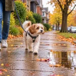 lepto-vaccine-for-dogs-0 Person walking a small dog on a wet autumn sidewalk with red and yellow leaves scattered around.