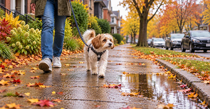 lepto-vaccine-for-dogs-0 Person walking a small dog on a wet autumn sidewalk with red and yellow leaves scattered around.