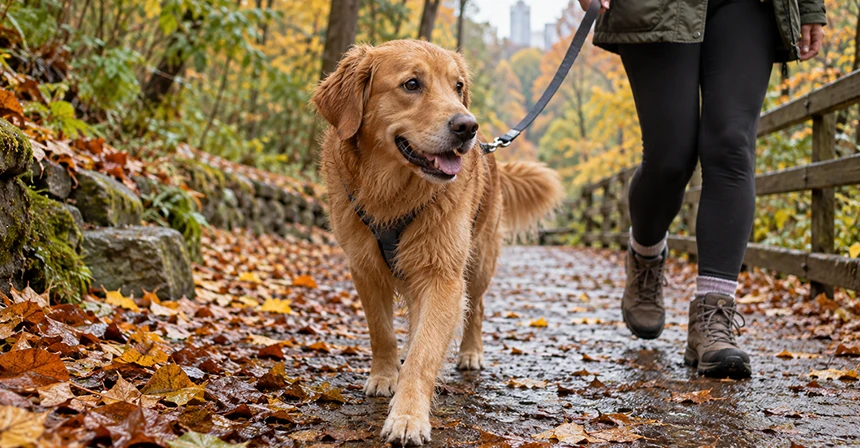 lepto-vaccine-for-dogs-1 Golden retriever on a leash walking along a leaf-covered path in autumn, beside a person in boots.