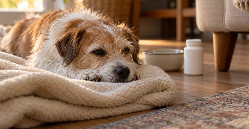 lepto-vaccine-for-dogs-2 Dog lying on a soft beige blanket on a wooden floor indoors, eyes half-closed in a relaxed nap.