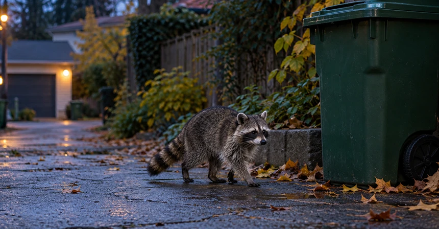 lepto-vaccine-for-dogs-3 Raccoon on a wet driveway at dusk, sniffing near a large green trash bin with autumn leaves scattered around.