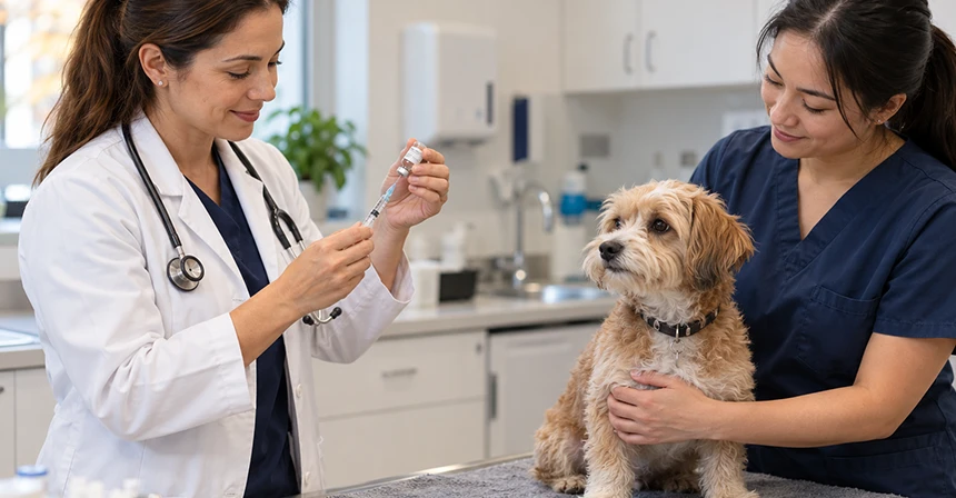 lepto-vaccine-for-dogs-4 A veterinarian in a white coat prepares a syringe while a nurse steadies a small fluffy dog on an examination table in a clinic.