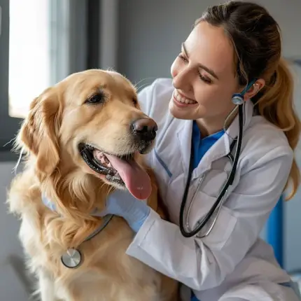 Female veterinarian using a stethoscope to examine a golden retriever, both smiling during a checkup in a clinic